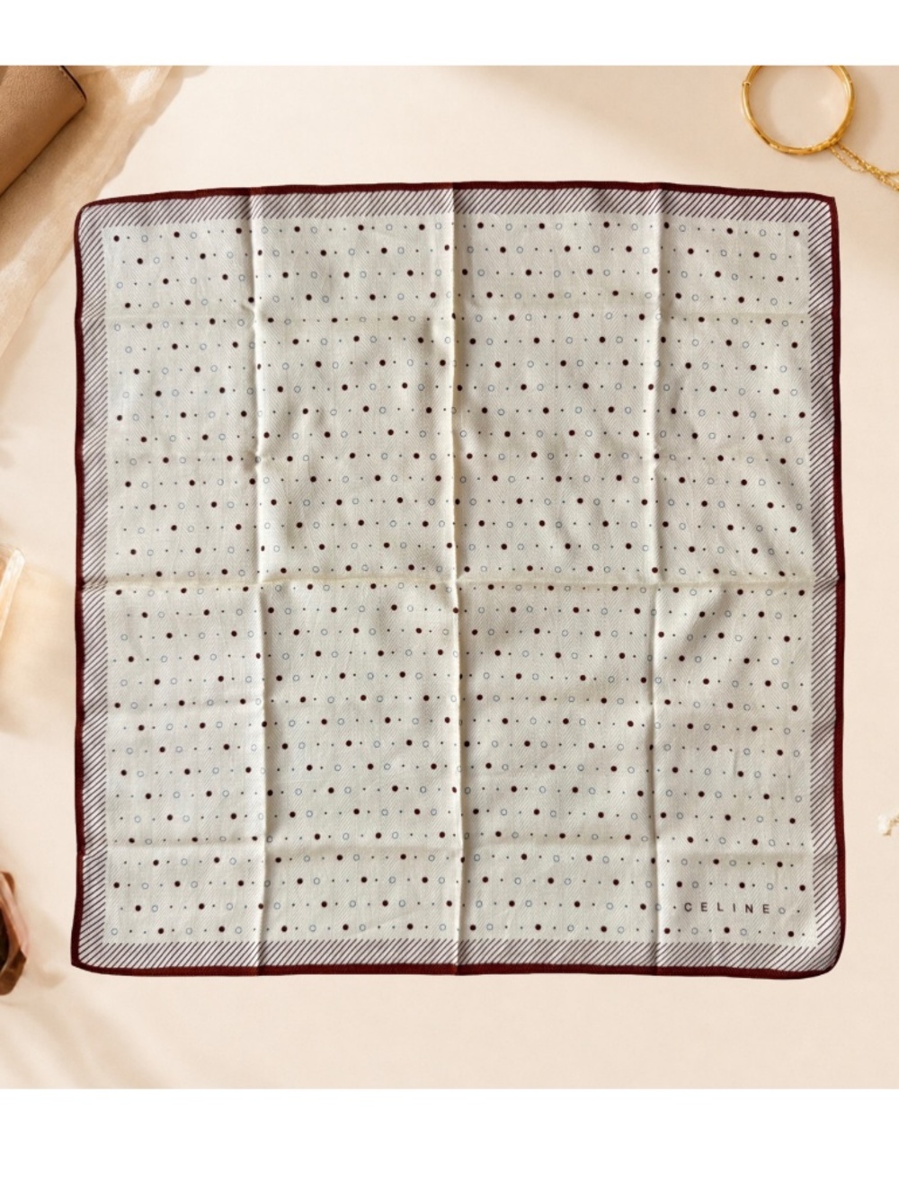 Vintage Celine Cream Scarf Neckerchief Polka Dot Pocket Square Handkerchief 18in